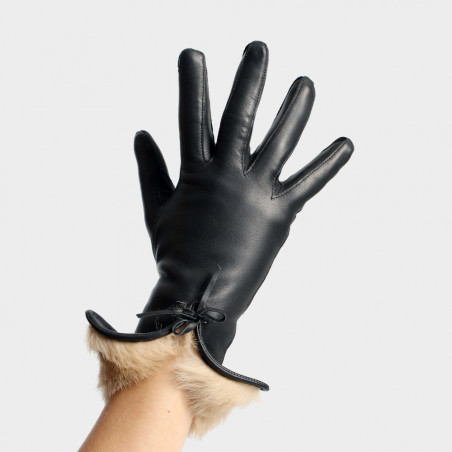 Gant luxe en cuir dame - Le Lapin Chic noir - doublure beige Gant luxe en cuir dame - Le Lapin Chic noir - doublure beige